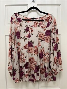 Torrid Long Sleeve Gauzy Blouse with Burgundy and Peach Flowers - Size 2X
